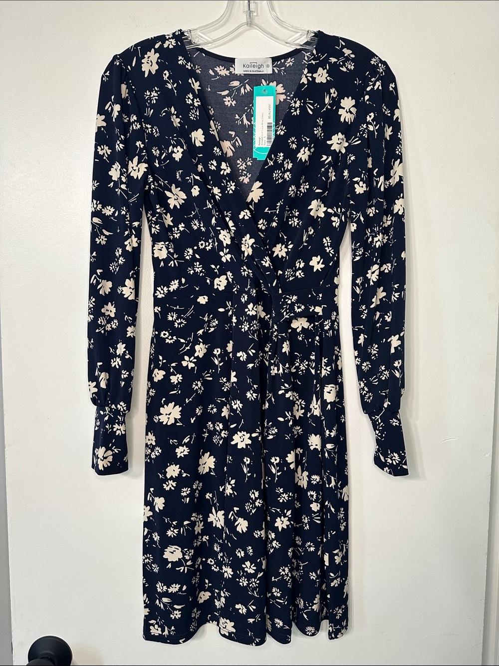 Kaleigh Navy and Cream Long Sleeve Floral Faux Wrap Dress Womens Small